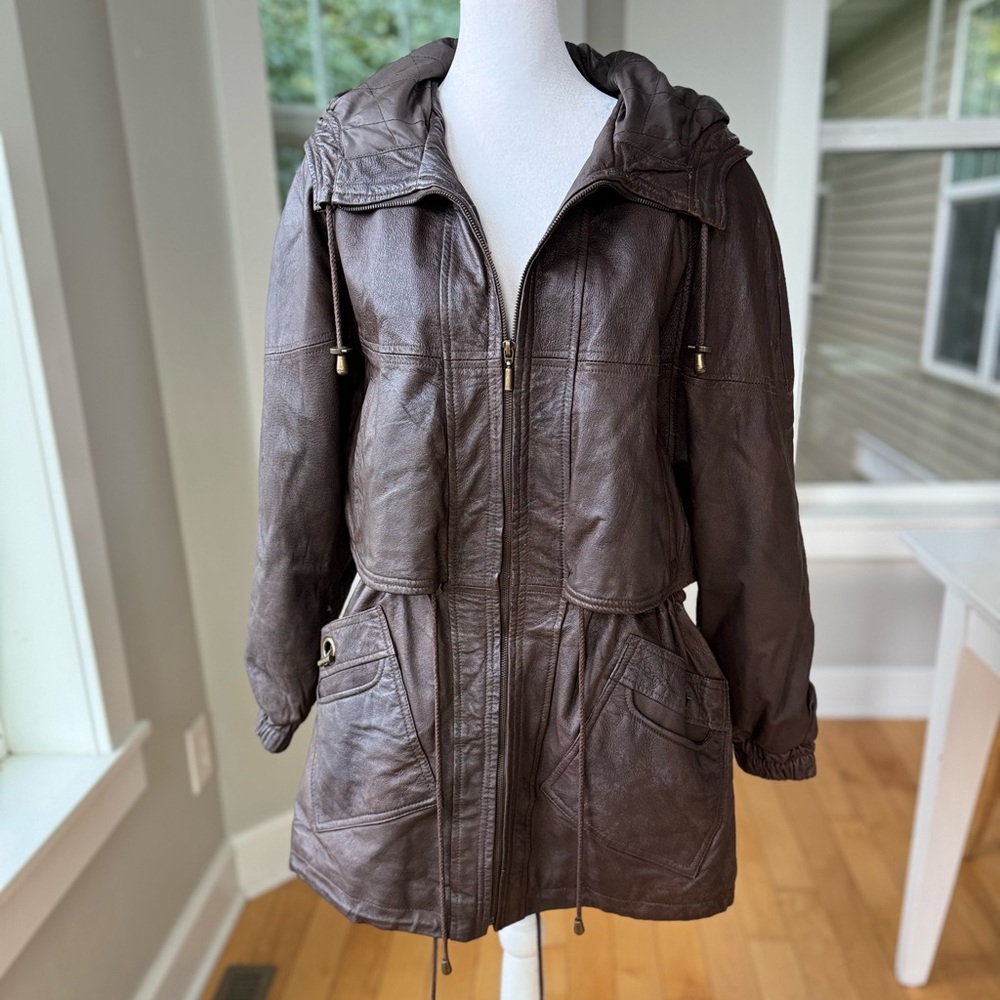 Vintage GIII Brown Genuine Leather Jacket Hooded Anorak Trench Coat Sz Small